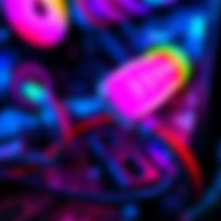 A close-up of an ARGB cable plugged into a PC motherboard, showing vibrant lighting effects.