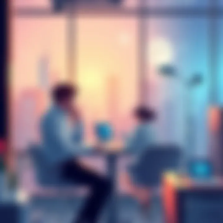 Illustration showing people using BT technology in a modern office and home environment in 2025.