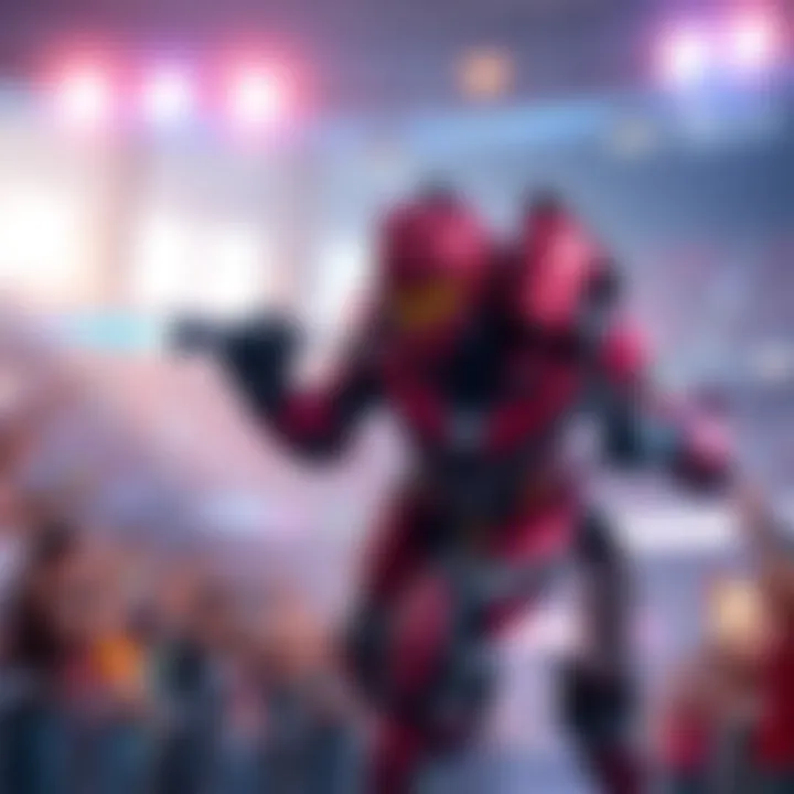 D.Va in Action A character resembling a mech pilot with a large robot suit, showcasing defensive maneuvers in a stadium, surrounded by cheering fans.
