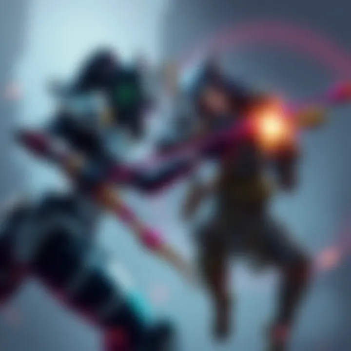 D.Va in her mech facing Hanzo, who is preparing to shoot an arrow, illustrating the dynamics of their combat in a game setting.