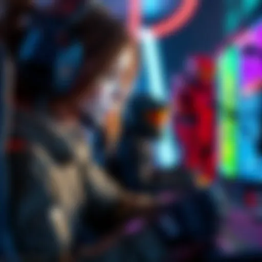 An E-Girl intensely gaming, focused on her screen with characters from Halo and Marathon visible in the background.