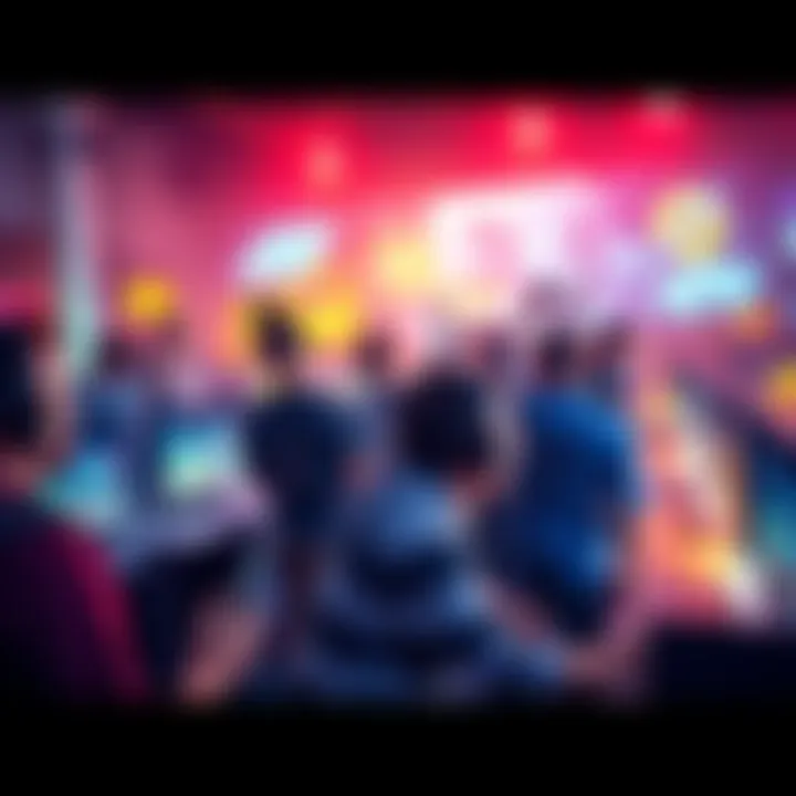 A dynamic scene showcasing gamers excitedly playing E33, with colorful graphics and immersive gameplay elements visible on screen.