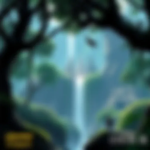 A screenshot showing the vibrant jungle environment of Dxun from KOTOR II, featuring lush trees and mysterious ruins. Characters can be seen in the background, engaged in a quest.
