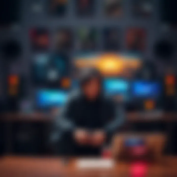 Hideo Kojima sitting at a desk in a gaming studio, surrounded by game artwork and technology, reflecting on his career