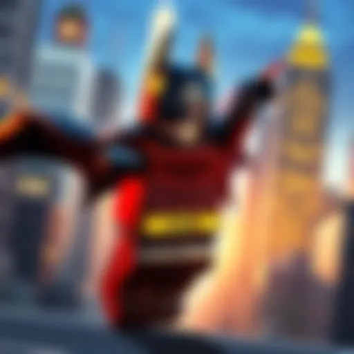 LEGO Batman character in a heroic pose, ready for adventure on a cityscape background