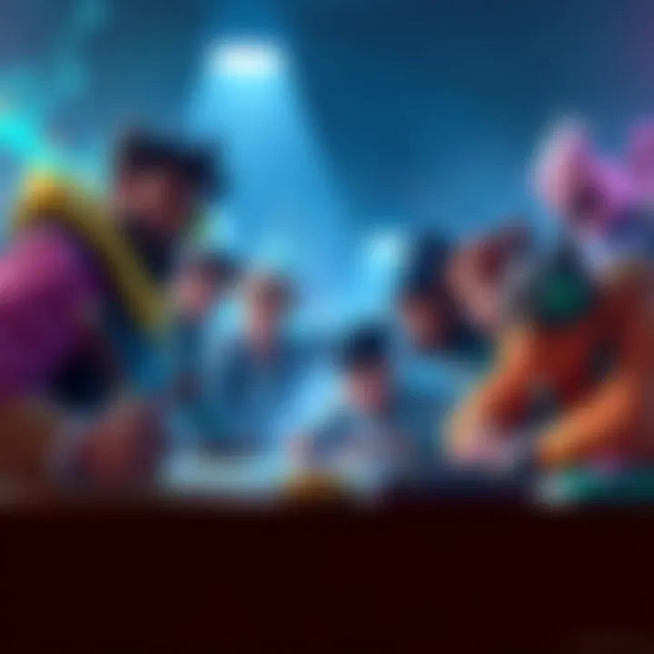A group of diverse characters in a video game setting, strategizing and leveling up together, showcasing teamwork and character development.