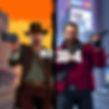 Side-by-side comparison of characters from Red Dead Redemption 1 and Grand Theft Auto 4, showcasing the grittiness of RDR1 against the urban backdrop of GTA4.