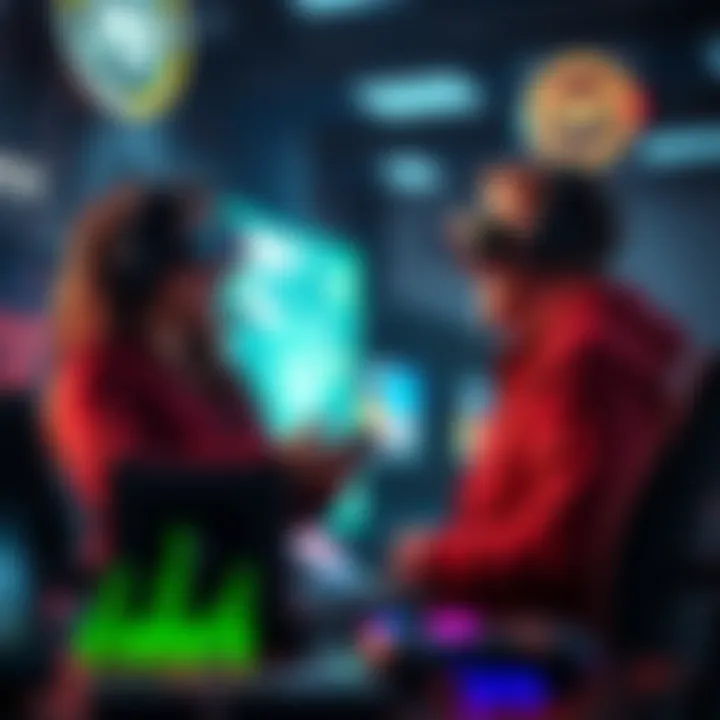 Two gamers excitedly discussing the new partnership between RE2R and CVR, surrounded by gaming equipment and digital screens.