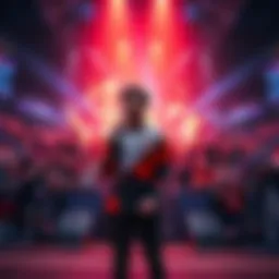 TES Top Laner 369 standing on stage with a microphone, in front of cheering fans during the League of Legends Worlds Championship 2026.