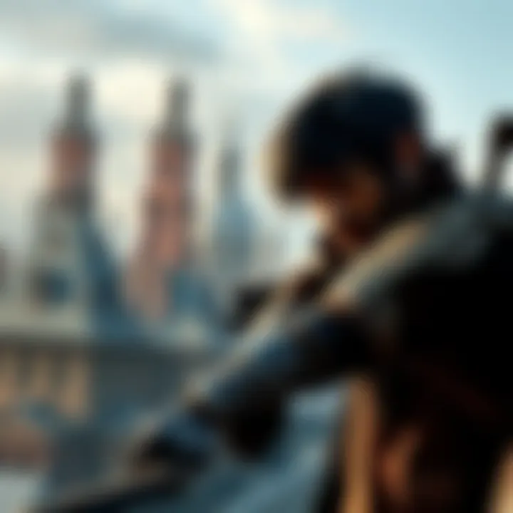 A contrasting scene showing the beautiful Victorian cityscape from The Order: 1886 on one side and a character struggling with gameplay mechanics on the other side.