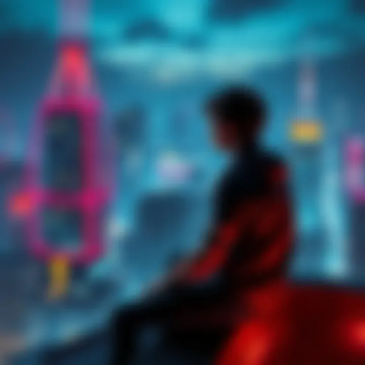 A character named V from Cyberpunk sits on a rooftop at night, looking out over a neon cityscape, deep in thought about his uncertain future, illuminated by colorful lights.