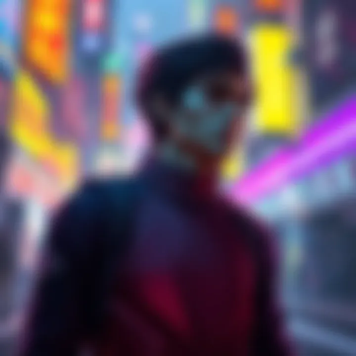 V contemplating choices in Night City A character named V standing in a neon-lit street, thinking about moral choices in a chaotic environment of Night City.