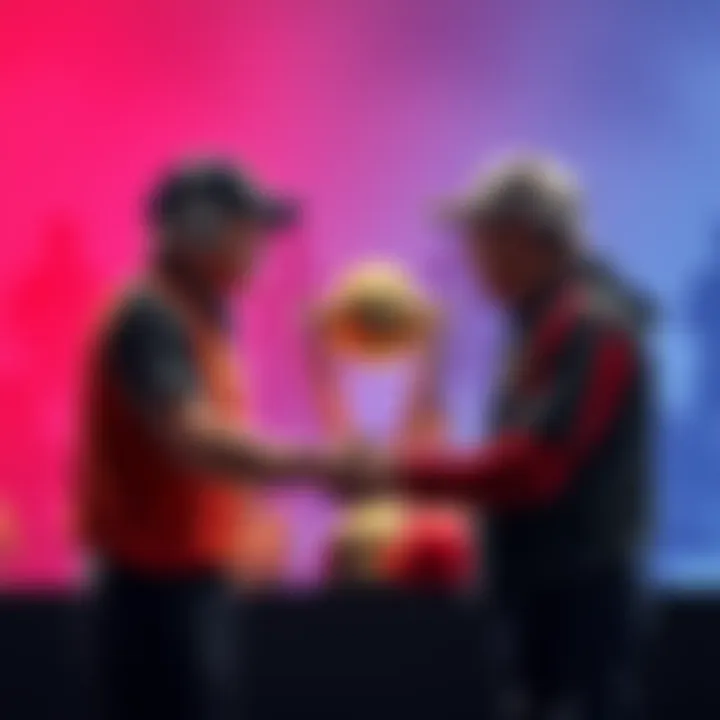 Two competitors shaking hands with a trophy in the background, showcasing sportsmanship after a game-changing call.