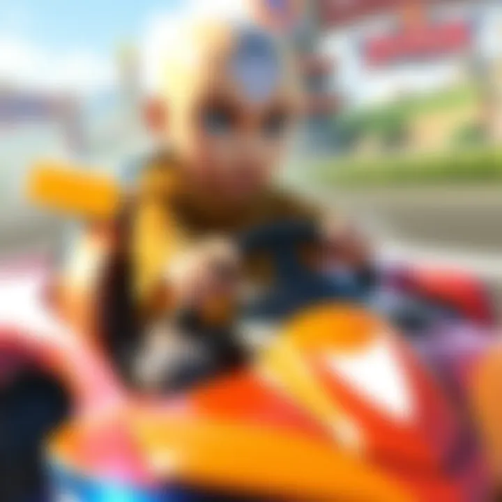 Aang from Avatar: The Last Airbender drives a racing car in Sonic Racing CrossWorlds, using air bending powers to gain an advantage on the track.
