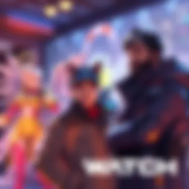 Aaron Keller discussing Overwatch character skins with Kiriko, Juno, and Mercy in the background