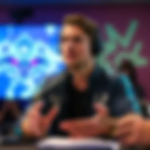 Aaron Keller speaks about potential updates for Symmetra at a press conference, with visual elements suggesting a new class system in the background.