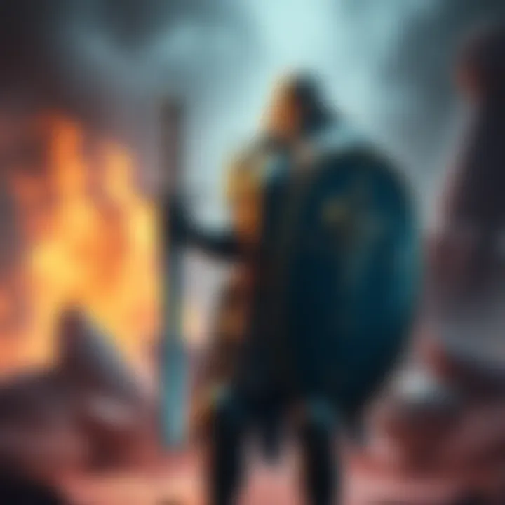 Aasimar paladin and fighter, dressed in shining armor, stands confidently with a sword and shield, looking determined while surrounded by mystical relics and ancient ruins.