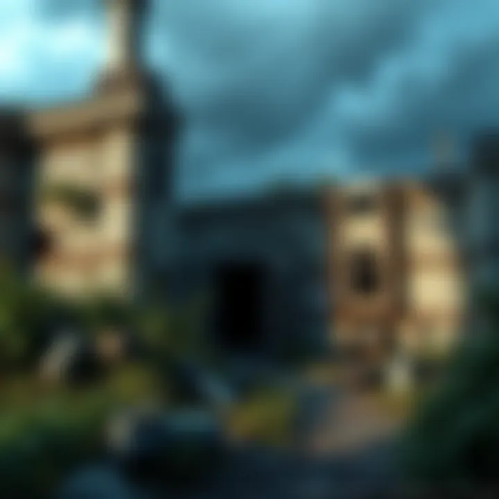 A rundown Covenant facility overgrown with vegetation, showing signs of decay and neglect. The background features remnants of technology scattered around, highlighting its desolate state.