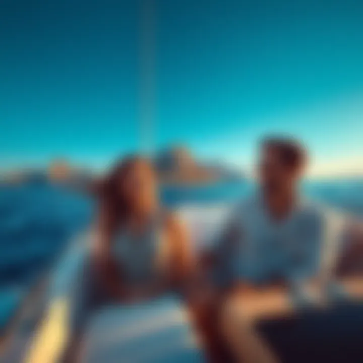 Abby and Lev on a boat near Catalina Island Abby and Lev traveling on a boat with Catalina Island in the background