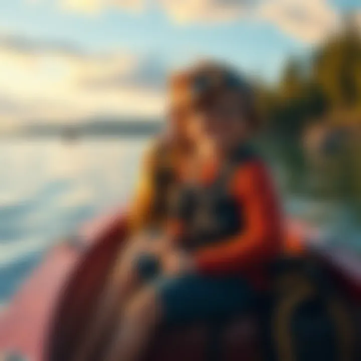 Abby and Owen sitting on a boat, looking excited and ready for an adventure, with water and trees in the background.