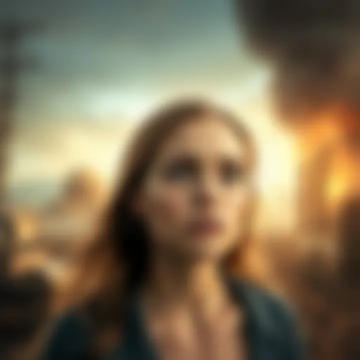 Close-up of Abby showing her determined expression, with a background of a post-apocalyptic setting