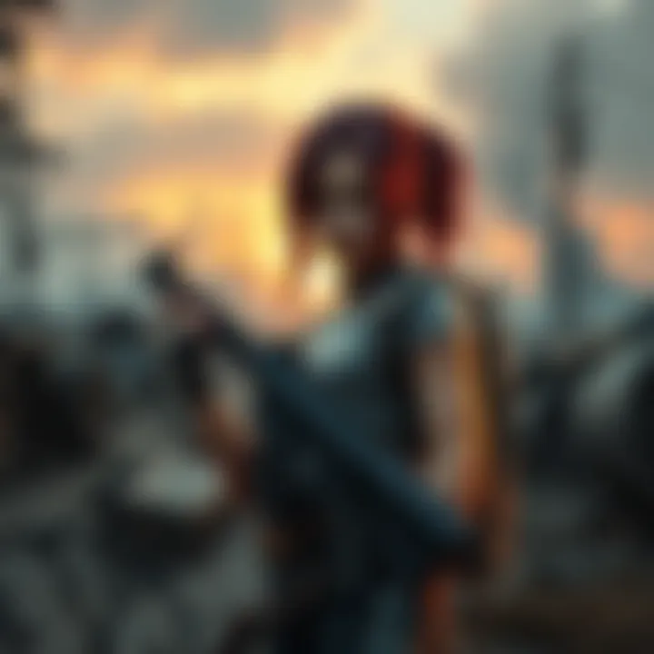 Abby stands holding a weapon, showing her focus and determination, with a backdrop of a post-apocalyptic environment.