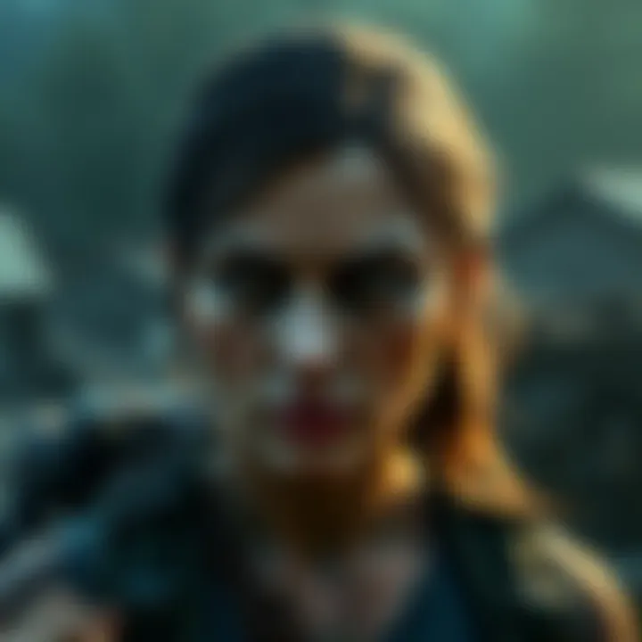 A close-up of Abby, a strong female character with a determined expression, set against a gritty, post-apocalyptic background.