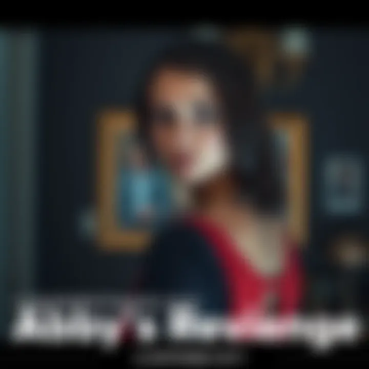 A young woman looking determined, standing in a dimly lit room with a photo of her father in the background, symbolizing her quest for vengeance after his death.