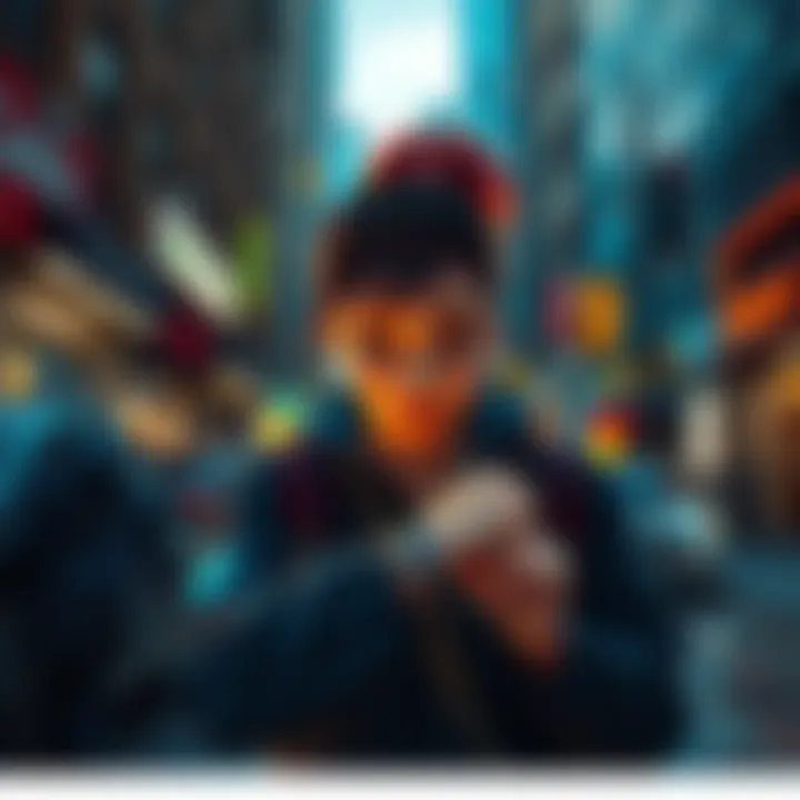 Abby exploring the streets of Seattle in a video game, looking determined as she checks the time on her watch.