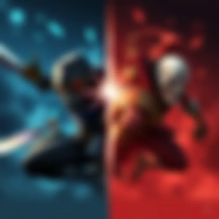 A split-screen image showing characters from League of Legends on one side and Dota 2 on the other, illustrating ability damage mechanics in both games.