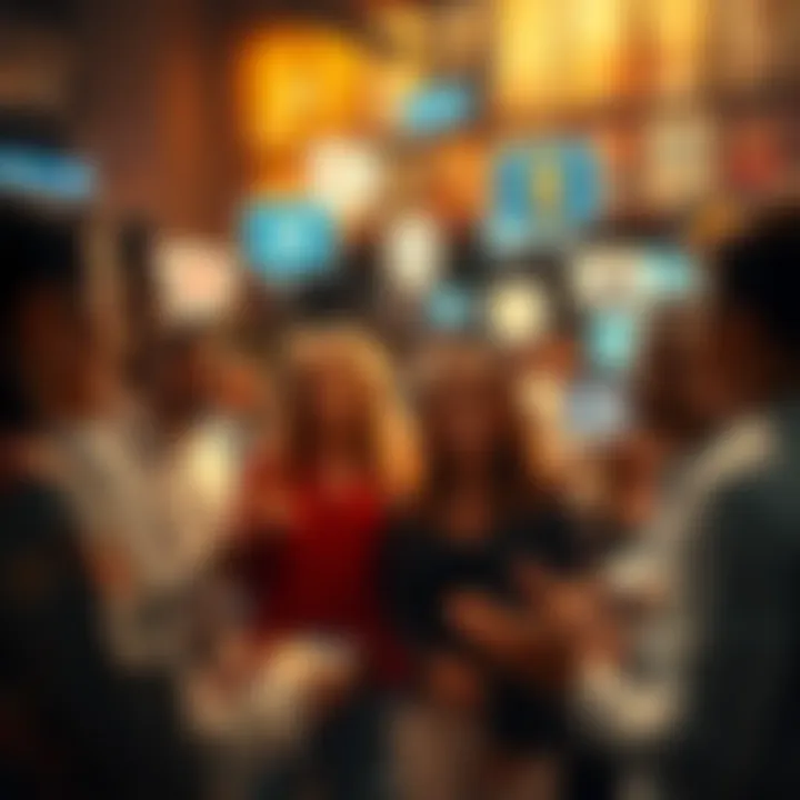 A group of diverse people engaging in discussion about ABMM in a lively setting, with social media icons and chat bubbles representing forums around them.