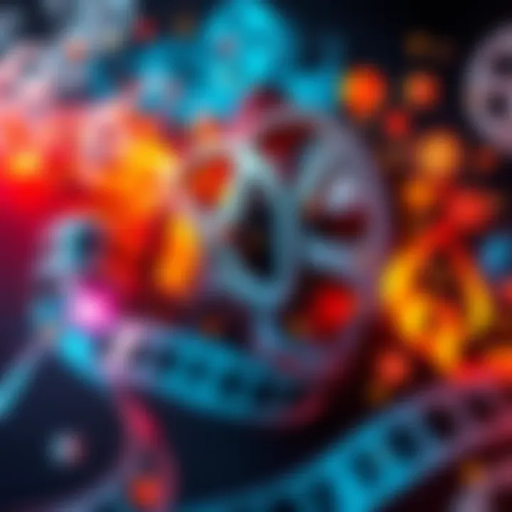 A film reel surrounded by colorful artistic designs symbolizing emotion and creativity in cinema