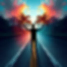 A person standing at a crossroads, holding a smartphone, with contrasting images of the digital world and nature around them, symbolizing the clash of real and virtual life.