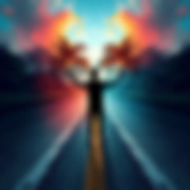 A person standing at a crossroads, holding a smartphone, with contrasting images of the digital world and nature around them, symbolizing the clash of real and virtual life.