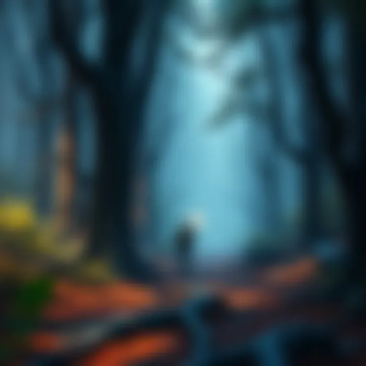 A character walking through the Abyssal Woods with eerie voices in the background and wildlife acting differently, hinting at hidden mini-bosses.