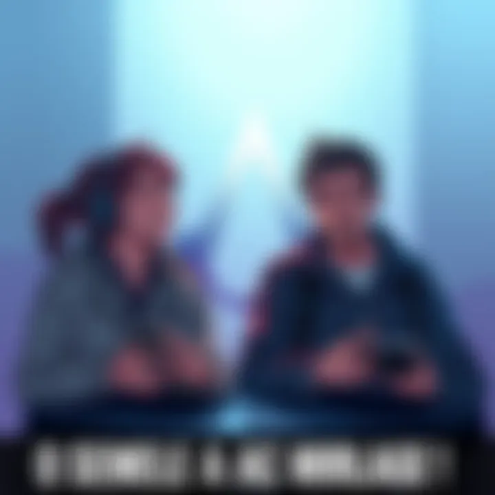 An illustration showing contrasting opinions on AC Mirage, featuring two gamers discussing the game, one looking happy and the other disappointed, with a backdrop of the game's logo.