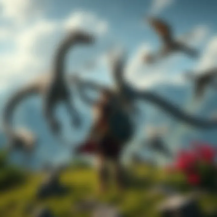 A scene showing a warrior facing mythical monsters, including dragons and Isu creations, in a lush Greek landscape.