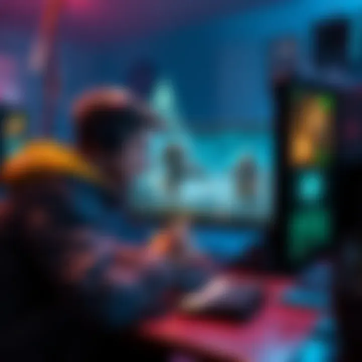 A gamer exploring different ways to play AC Valhalla without buying it, with a computer and game images on the screen.