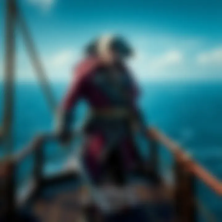 A pirate character from AC Black Flag standing on a ship deck, holding a sword, with the ocean in the background