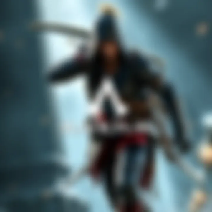 AC Black Flag Recynced Game Cover Cover art of AC Black Flag Recynced featuring main character in action with Denuvo logo