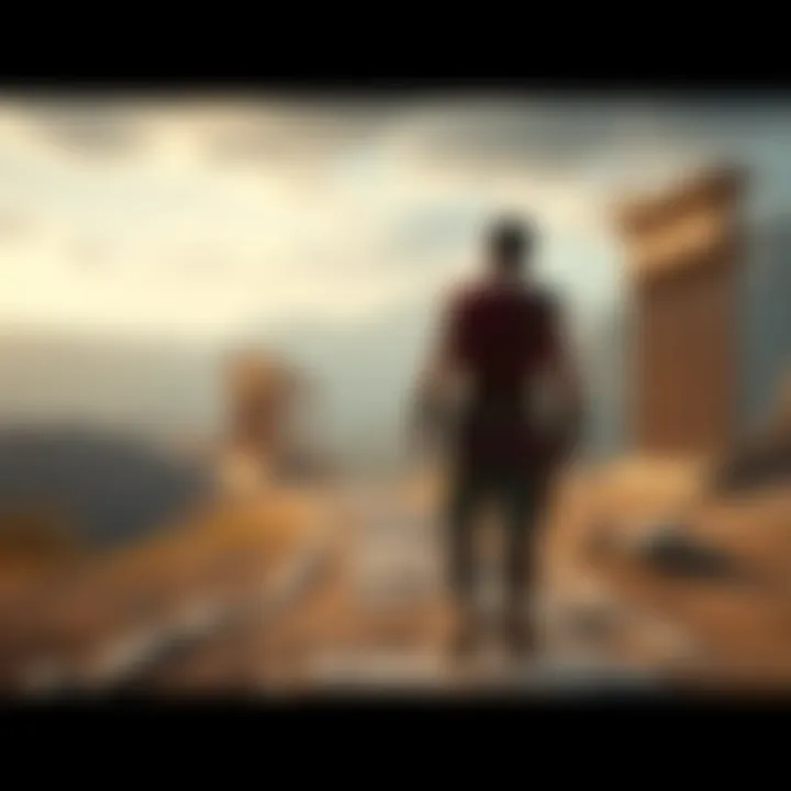 A character stands at a crossroads, contemplating a decision in Ancient Greece, with a backdrop of ruins and mountains.