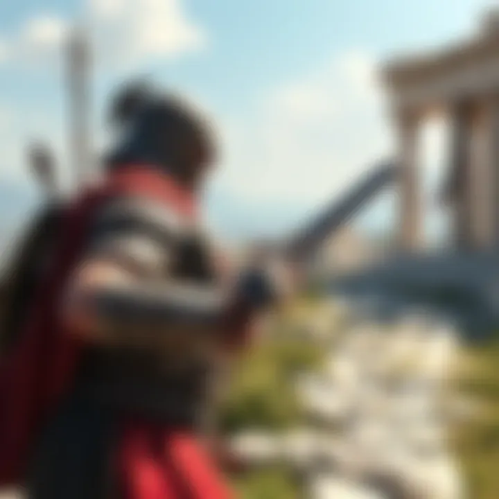 A character from Assassin's Creed Odyssey engaging in a mission with a scenic background of ancient Greece