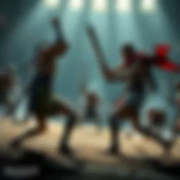 Assassin's Creed characters engage in a fierce gladiator battle without armor, armed with basic weapons, showcasing their skills and strength in a dramatic arena.