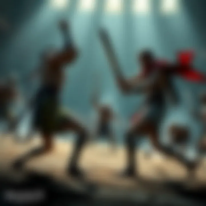 AC Protagonists Gladiator Fight Assassin's Creed characters engage in a fierce gladiator battle without armor, armed with basic weapons, showcasing their skills and strength in a dramatic arena.