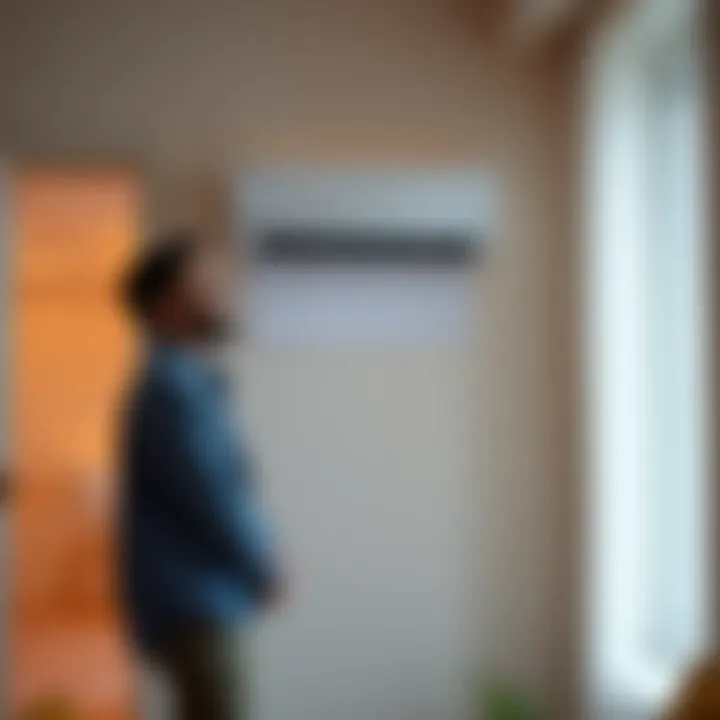 A person standing by a new air conditioning unit in an apartment, smiling with relief after landlord approval.