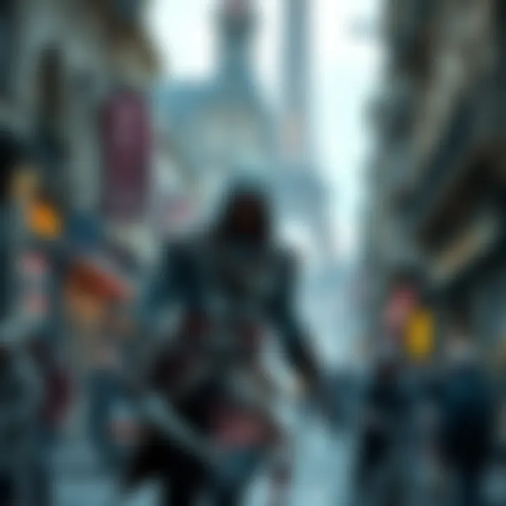 A character from Assassin's Creed Unity navigating through a busy Paris street, showcasing the game's detailed graphics and chaotic atmosphere.