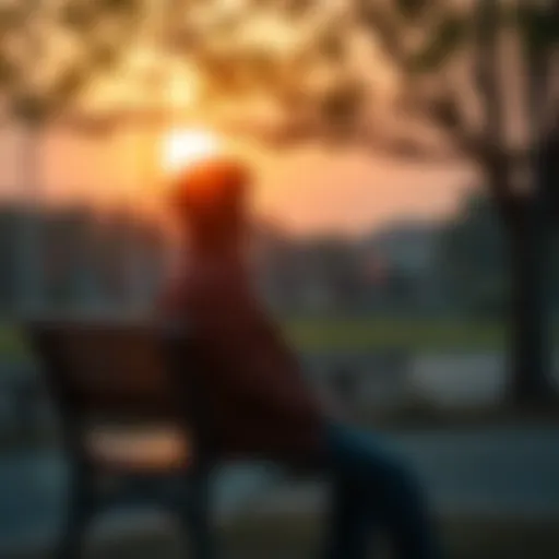A person sitting calmly on a park bench, looking contemplative as the sun sets in the background, symbolizing acceptance of life’s challenges.