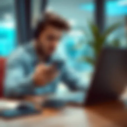 Accessing Outlook with a new phone Person frustrated while trying to access Outlook account after changing phone number, showing a phone and laptop on a desk