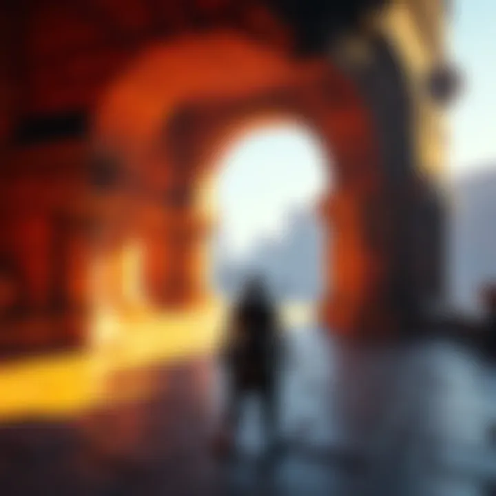 A player character from Odyssey standing at the entrance of a new quest area, ready to start a downloadable content adventure.