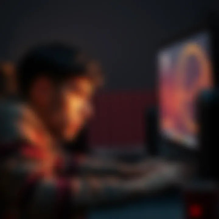 A person looking concerned while using a computer, with a warning sign on the screen indicating search limits.